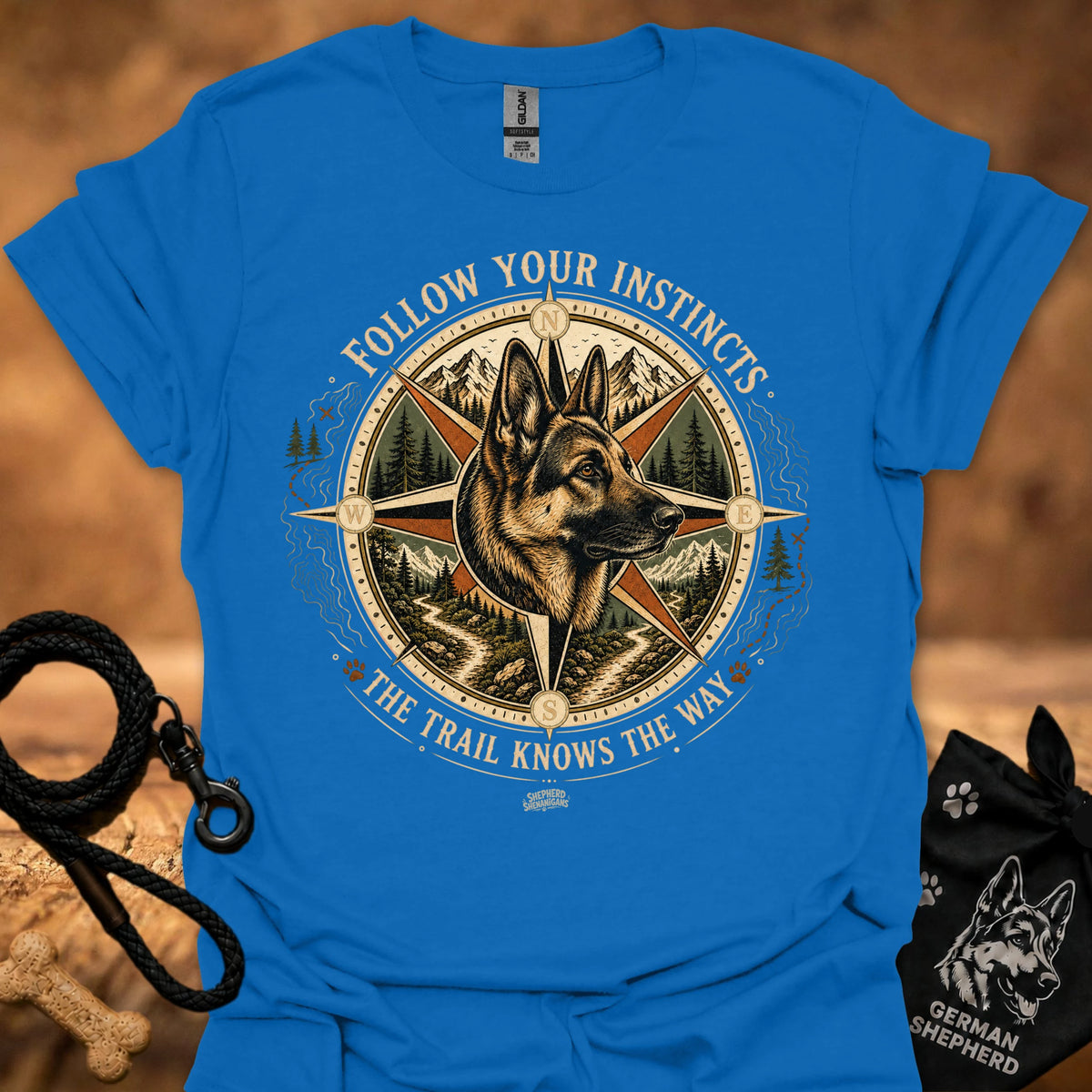 Royal blue crew-neck T-shirt with front compass dog graphic