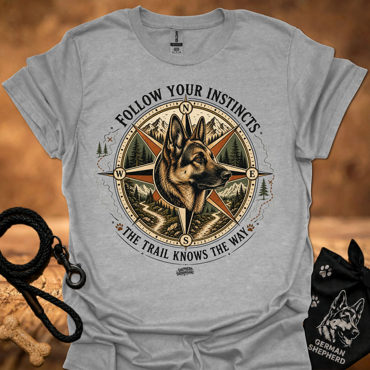 Light gray crew-neck T-shirt with front compass dog graphic