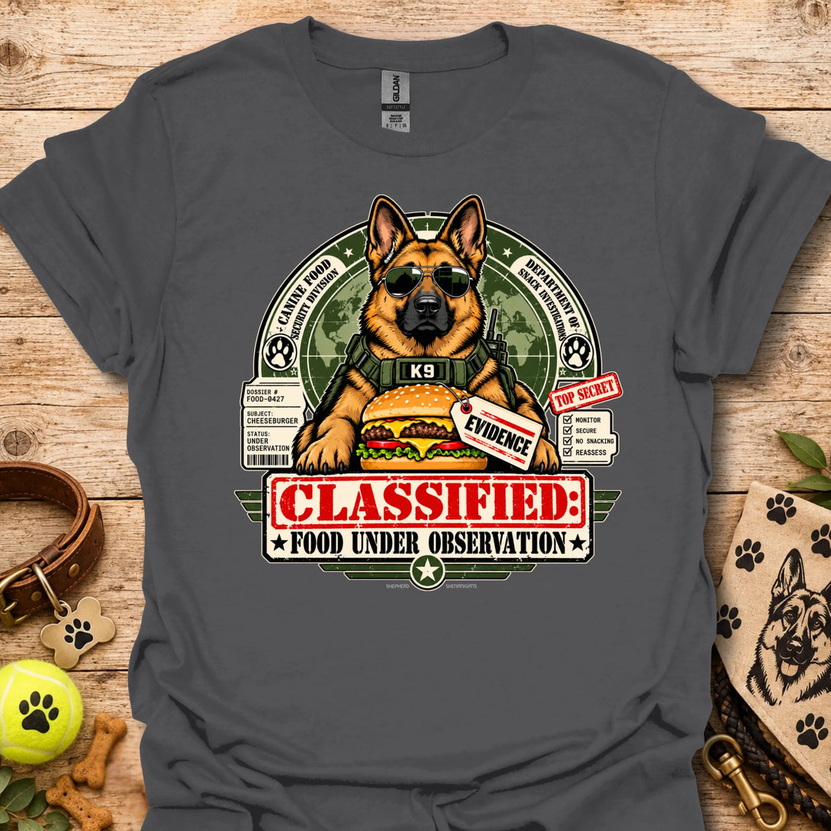 Food Under Observation graphic t-shirt in charcoal gray with K9 "CLASSIFIED" dog print