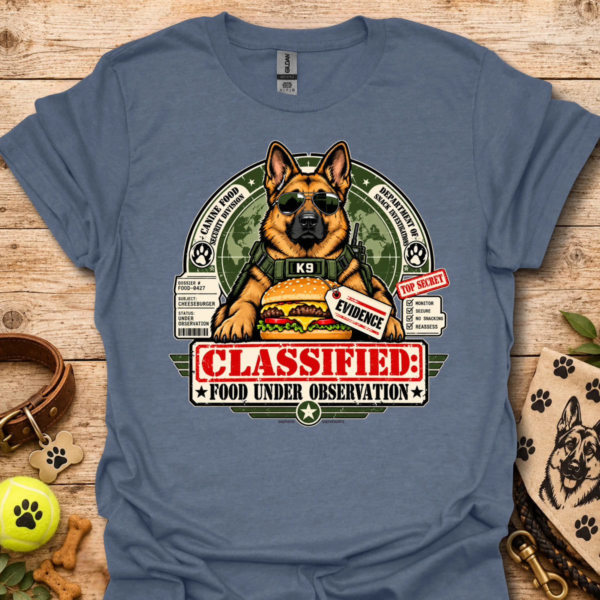 Food Under Observation graphic t-shirt in slate blue with K9 "CLASSIFIED" dog print
