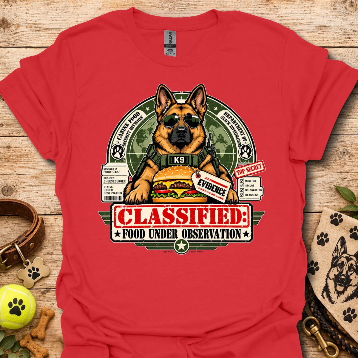 Food Under Observation graphic t-shirt in red with K9 "CLASSIFIED" dog print