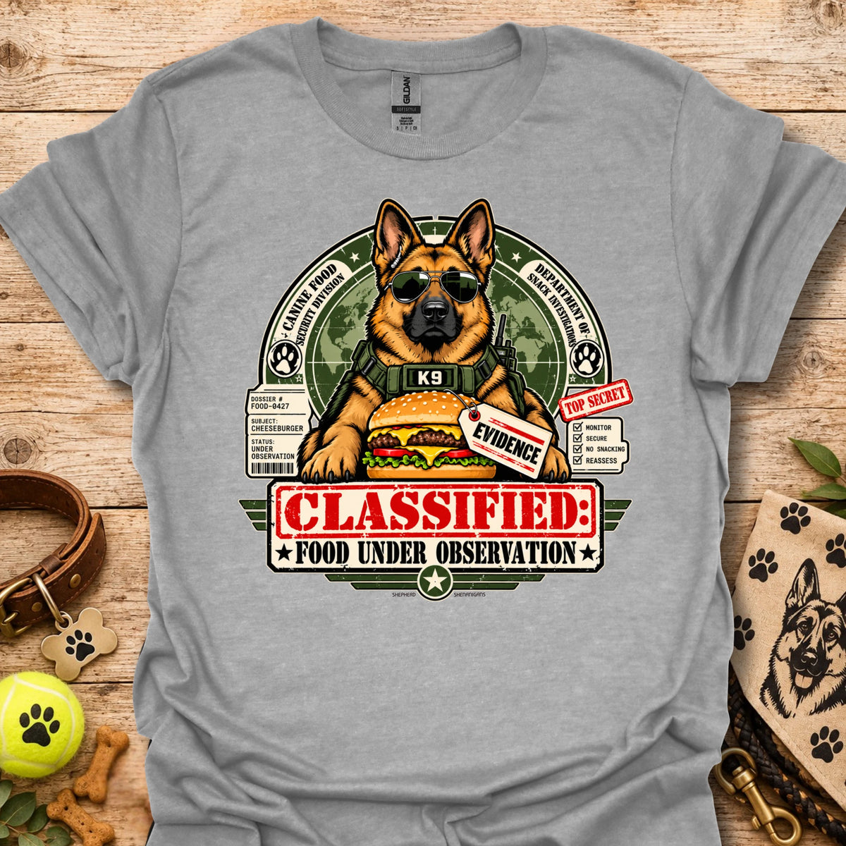 Food Under Observation graphic t-shirt in heather gray with K9 "CLASSIFIED" dog print