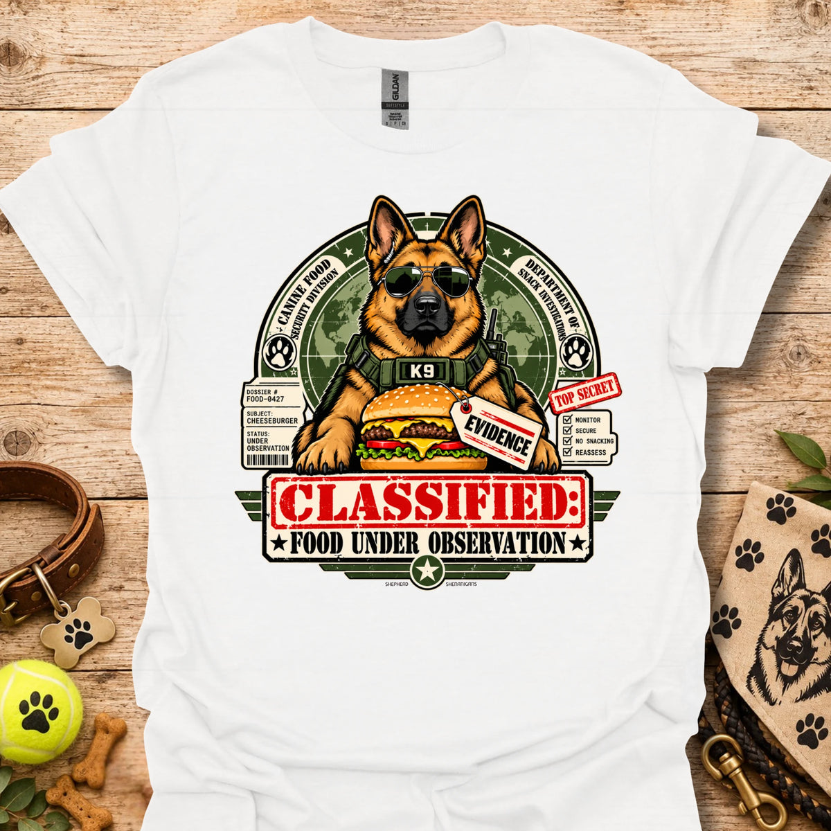 Food Under Observation graphic t-shirt in white with K9 "CLASSIFIED" dog print