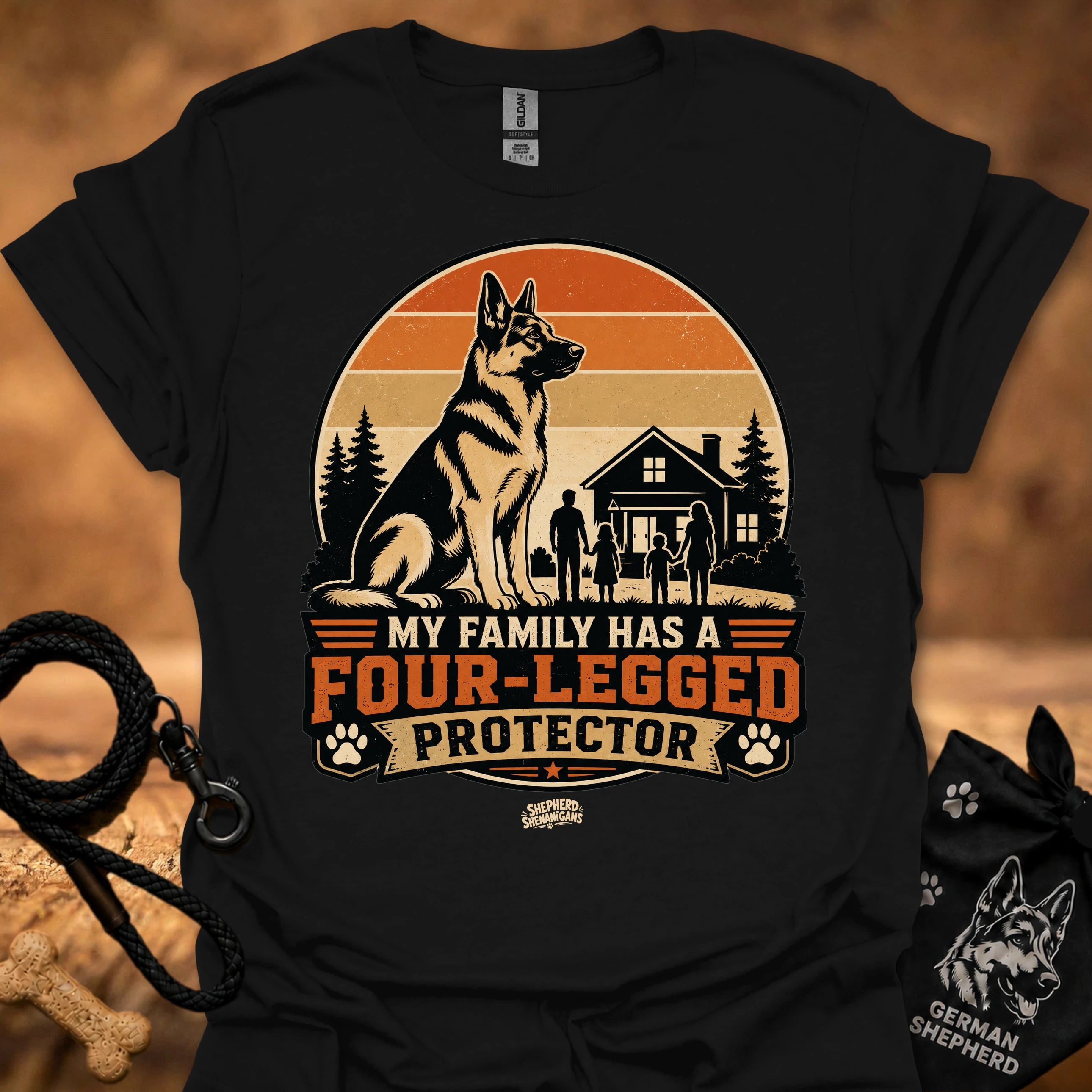 Black T-shirt with German shepherd and “Four-Legged Protector” front graphic
