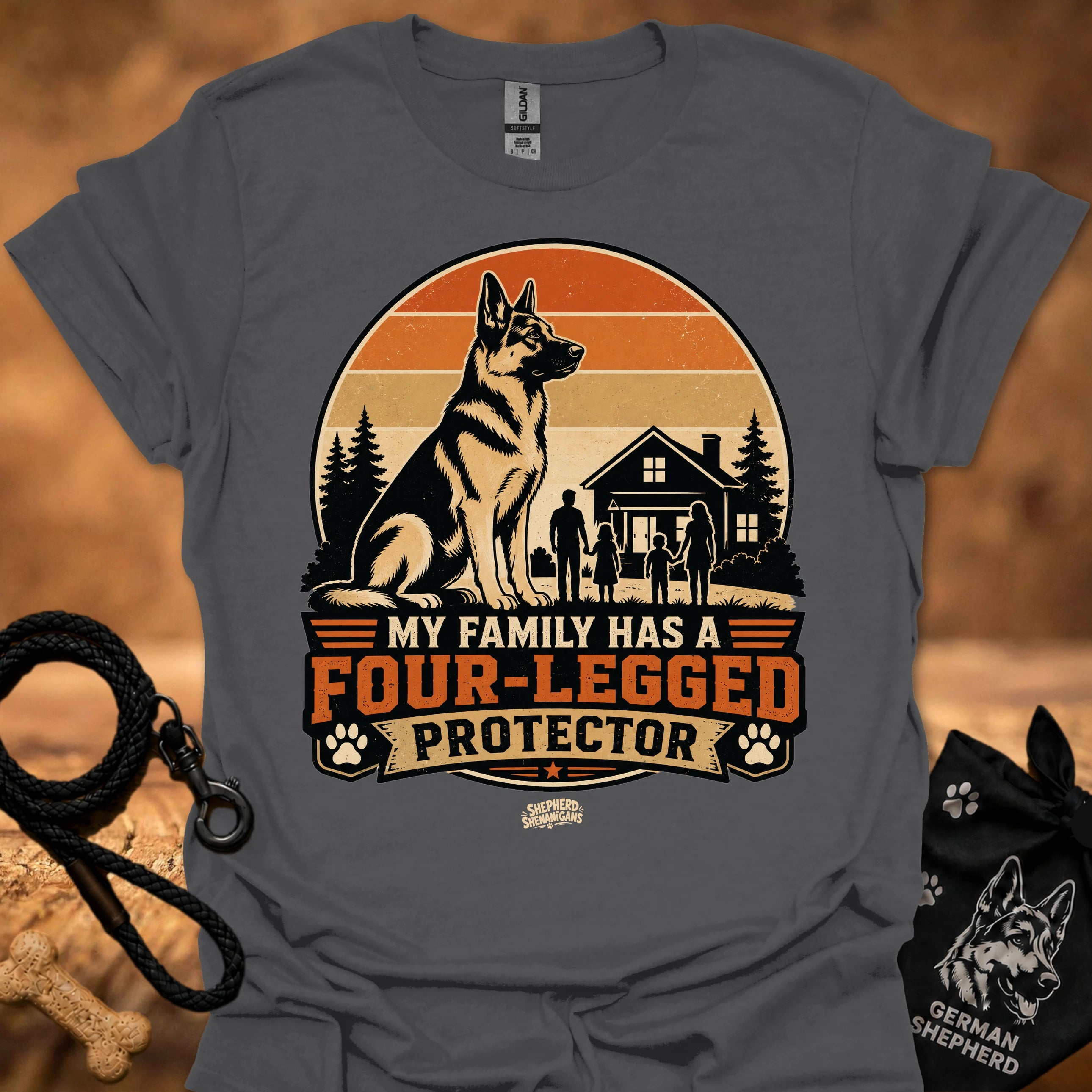 Charcoal T-shirt with German shepherd and “Four-Legged Protector” front graphic