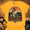 Gold T-shirt with German shepherd and “Four-Legged Protector” front graphic