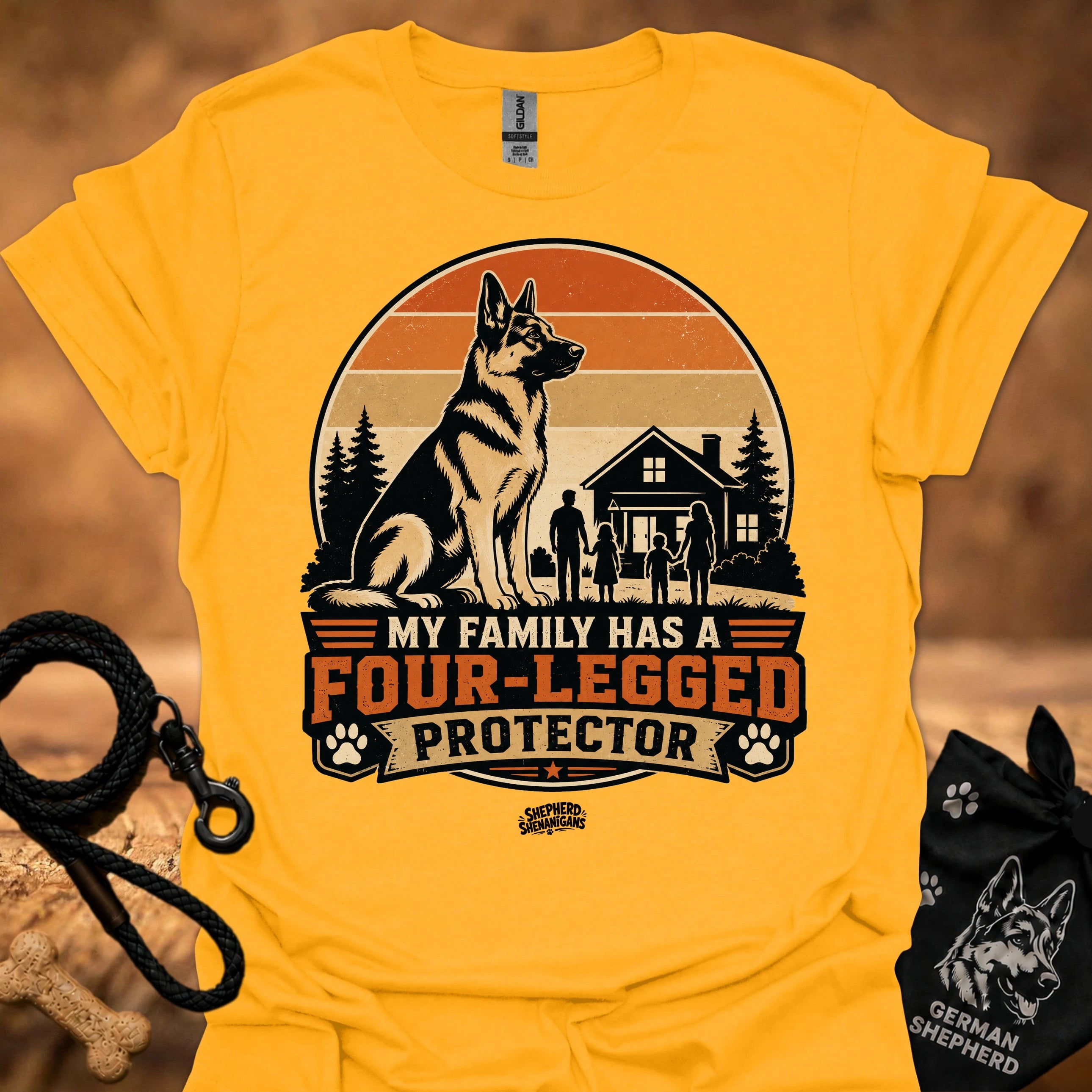 Gold T-shirt with German shepherd and “Four-Legged Protector” front graphic