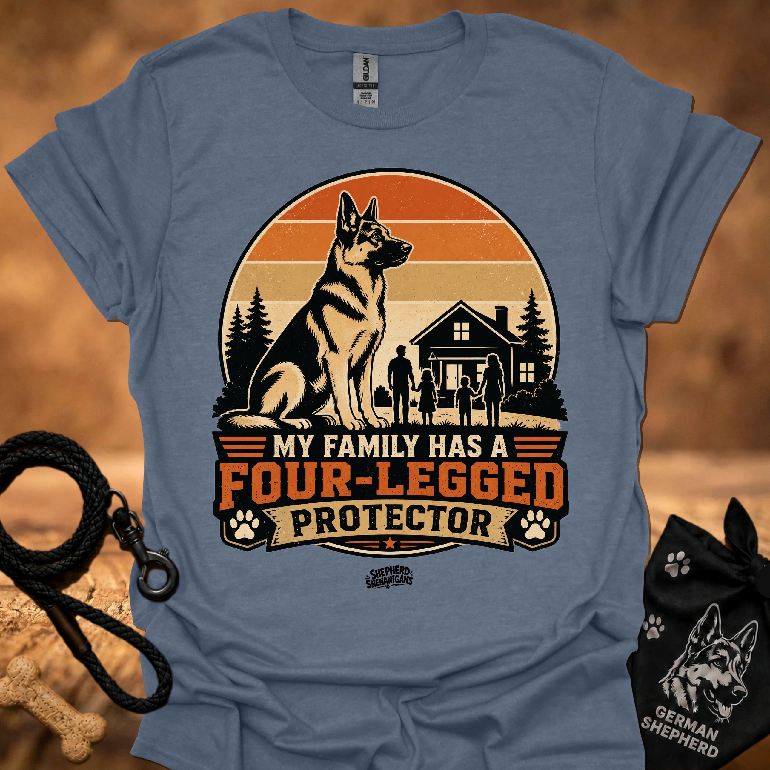Light blue-gray T-shirt with German shepherd and “Four-Legged Protector” front graphic