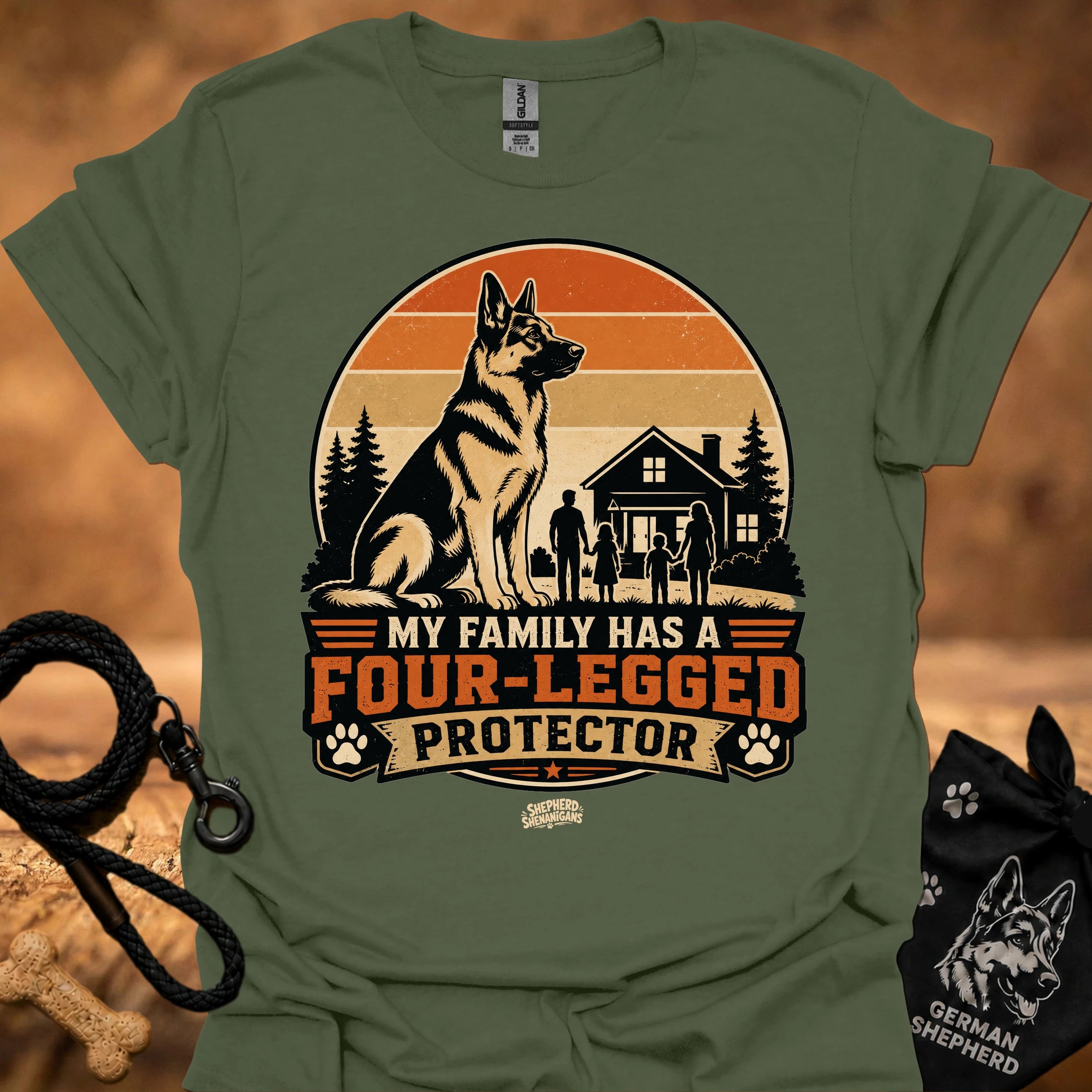 Military green T-shirt with German shepherd and “Four-Legged Protector” front graphic