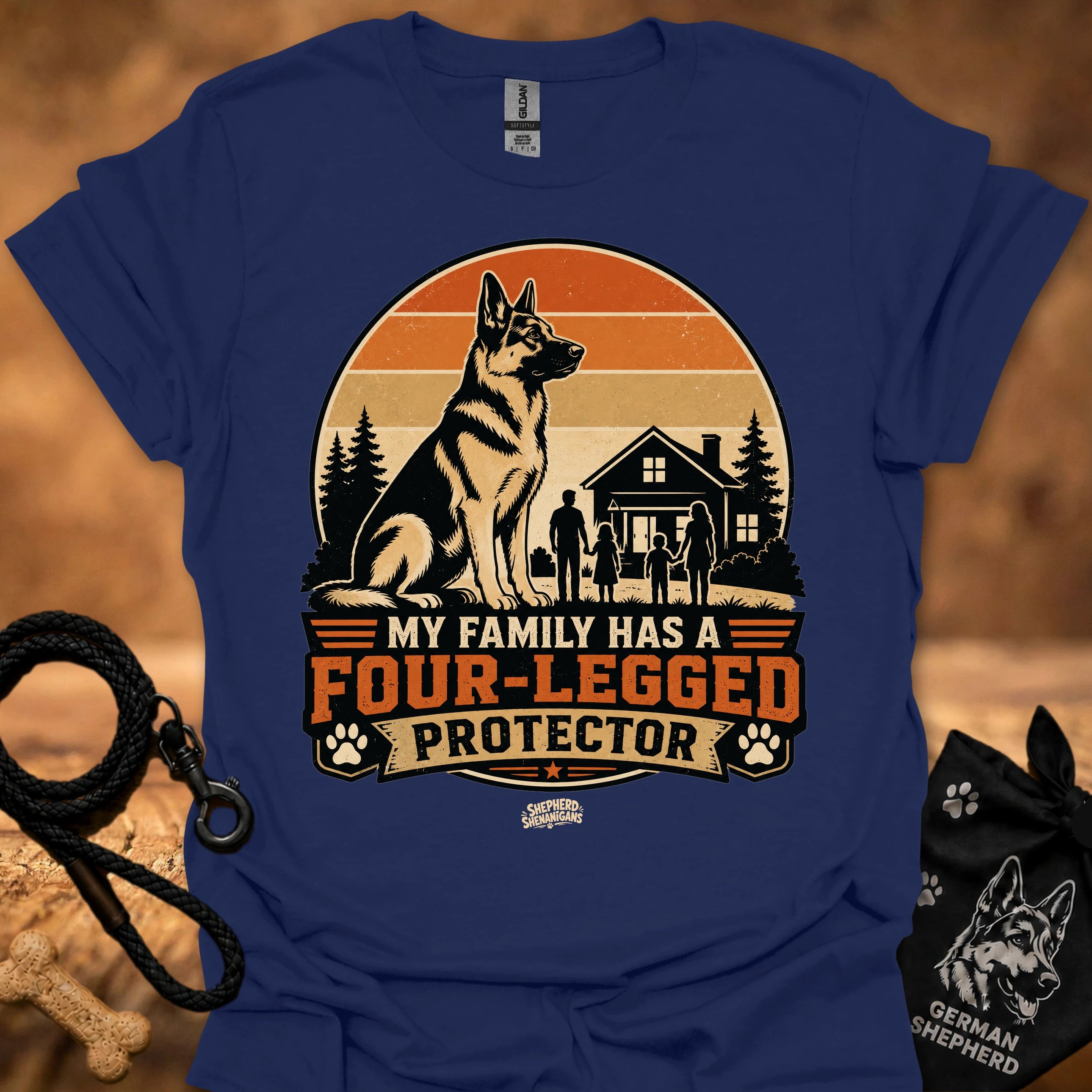 Navy T-shirt with German shepherd and “Four-Legged Protector” front graphic