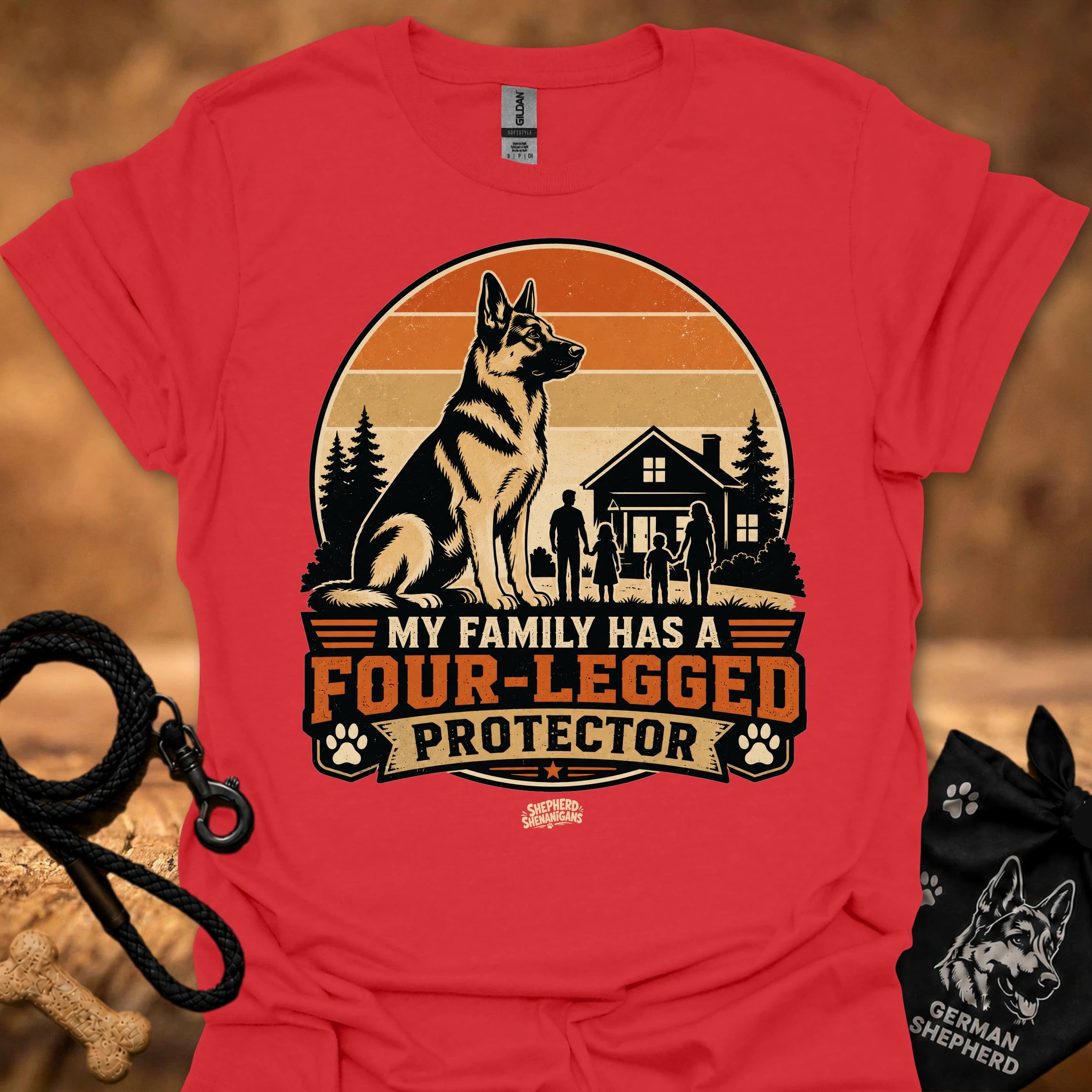 Red T-shirt with German shepherd and “Four-Legged Protector” front graphic