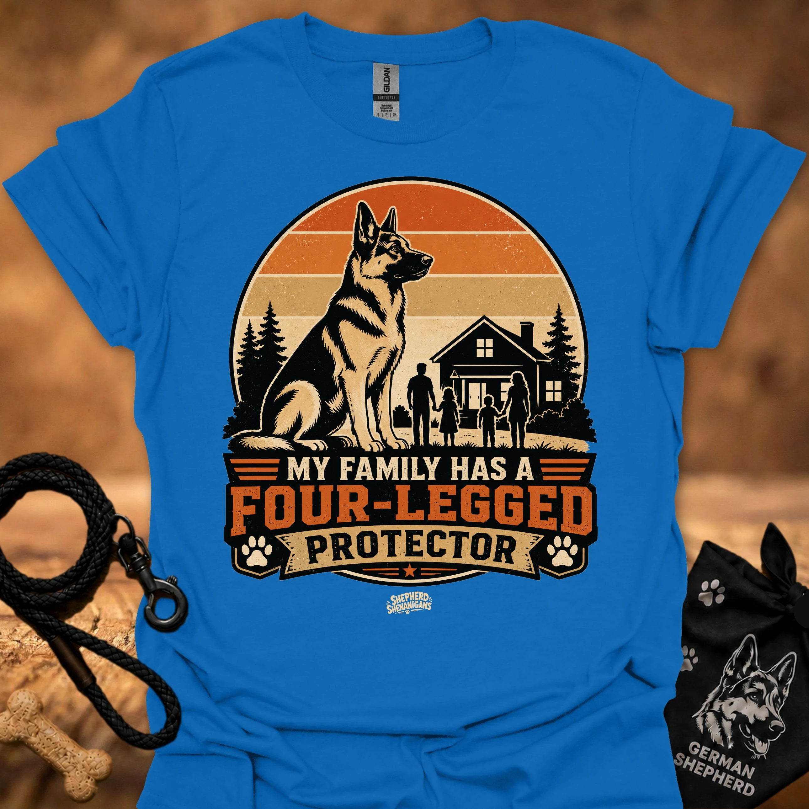 Royal blue T-shirt with German shepherd and “Four-Legged Protector” front graphic