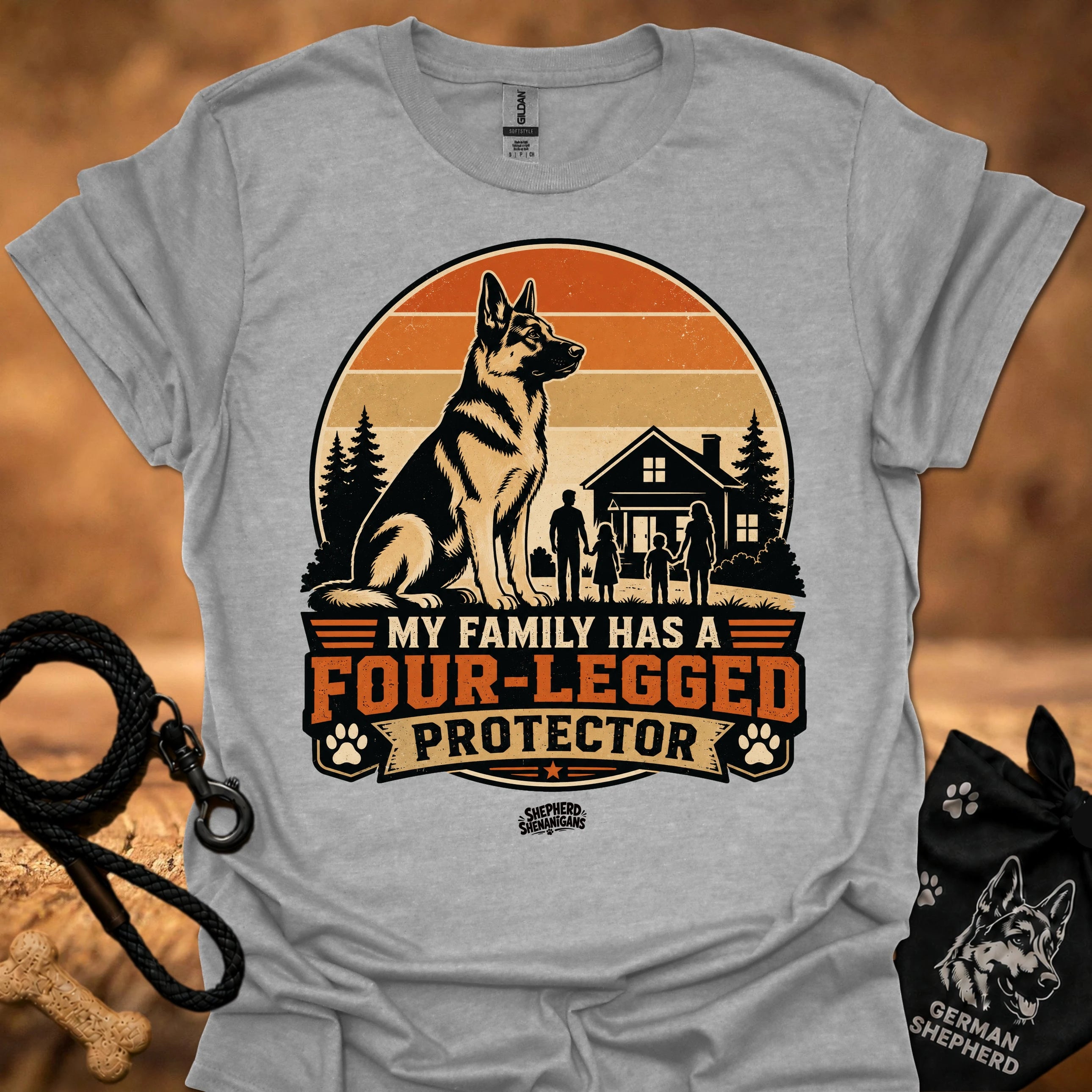 Heather gray T-shirt with German shepherd and “Four-Legged Protector” front graphic