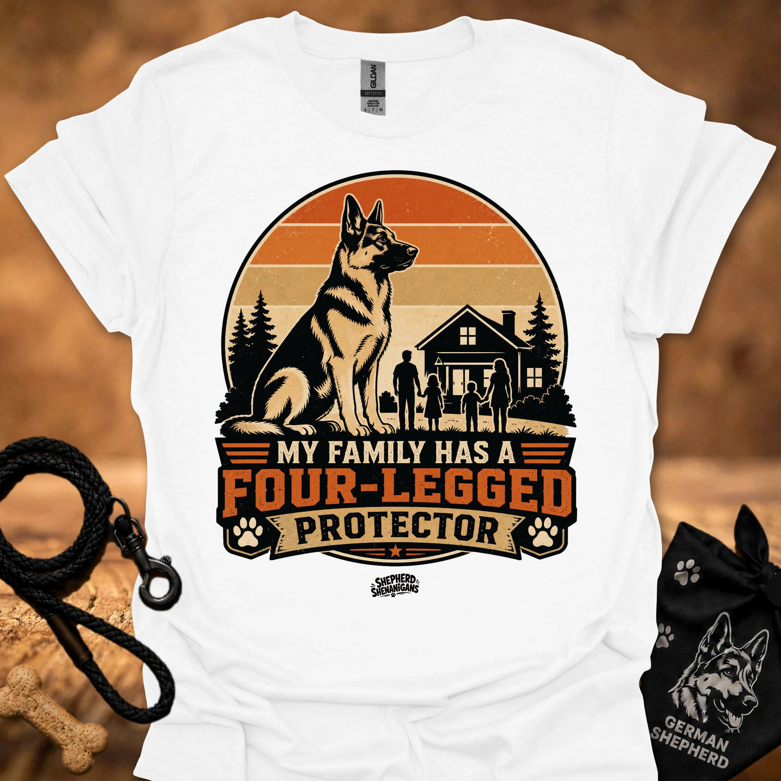 White T-shirt with German shepherd and “Four-Legged Protector” front graphic