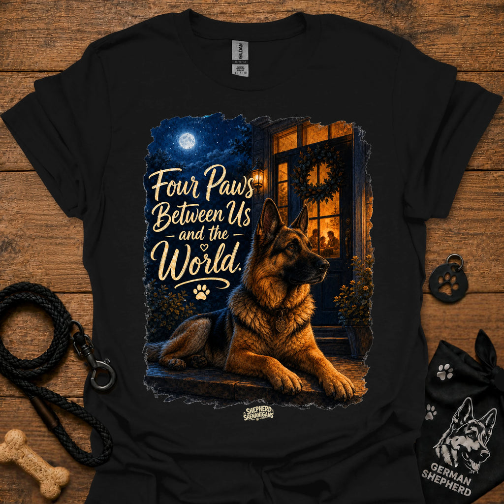 Black T-shirt with seated German shepherd graphic and paw-print logo at center