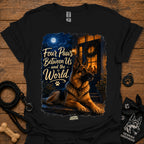 Black T-shirt with seated German shepherd graphic and paw-print logo at center