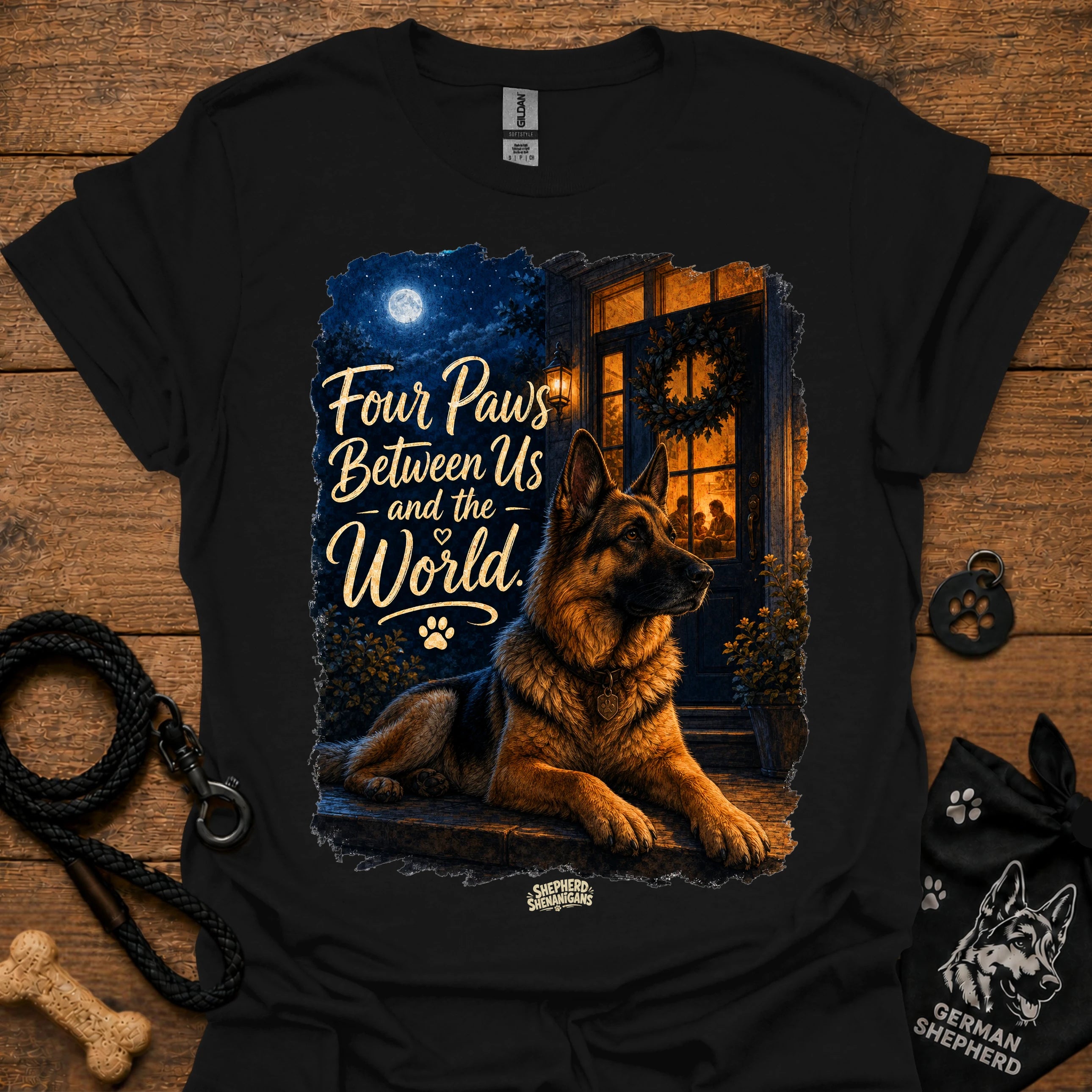 Black T-shirt with seated German shepherd graphic and paw-print logo at center