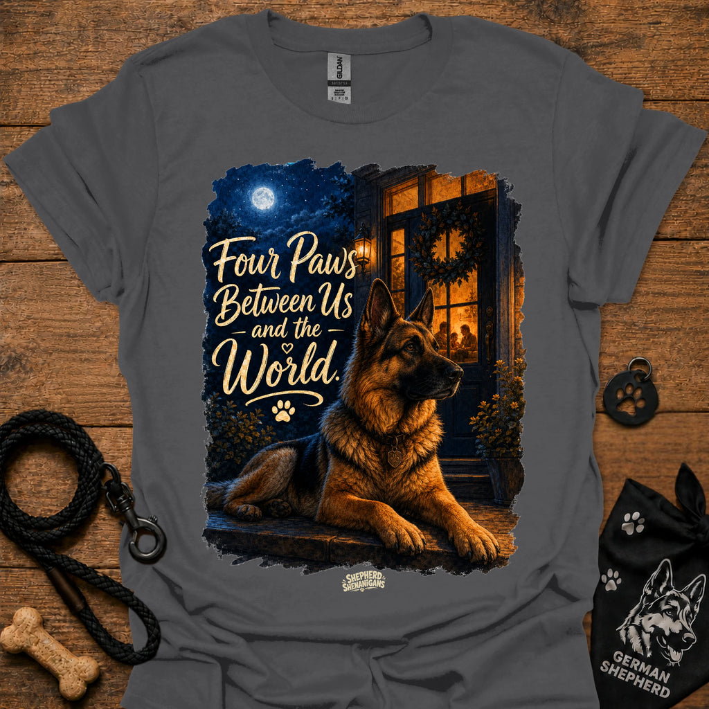 Charcoal T-shirt with seated German shepherd graphic and paw-print logo at center