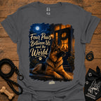 Charcoal T-shirt with seated German shepherd graphic and paw-print logo at center