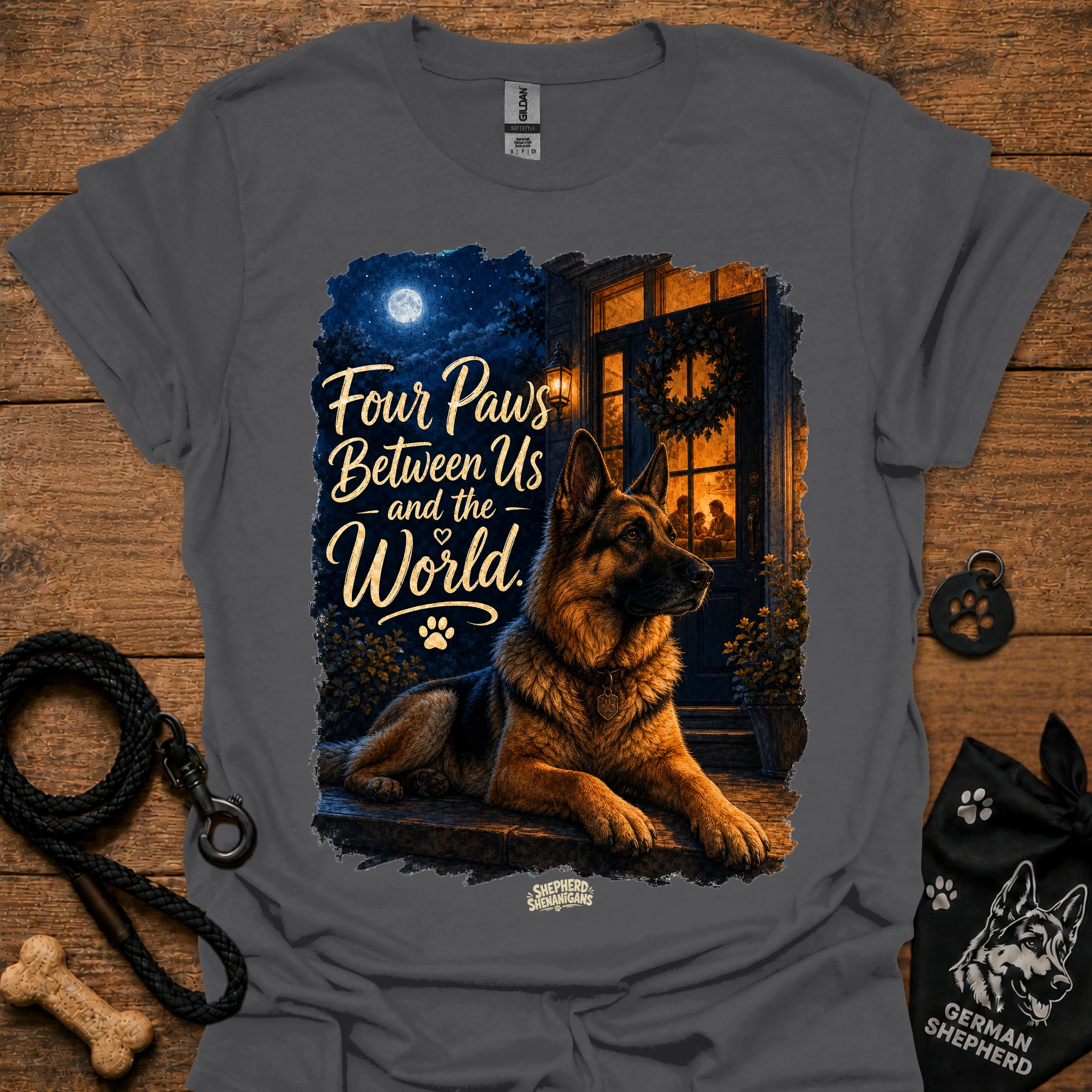 Charcoal T-shirt with seated German shepherd graphic and paw-print logo at center