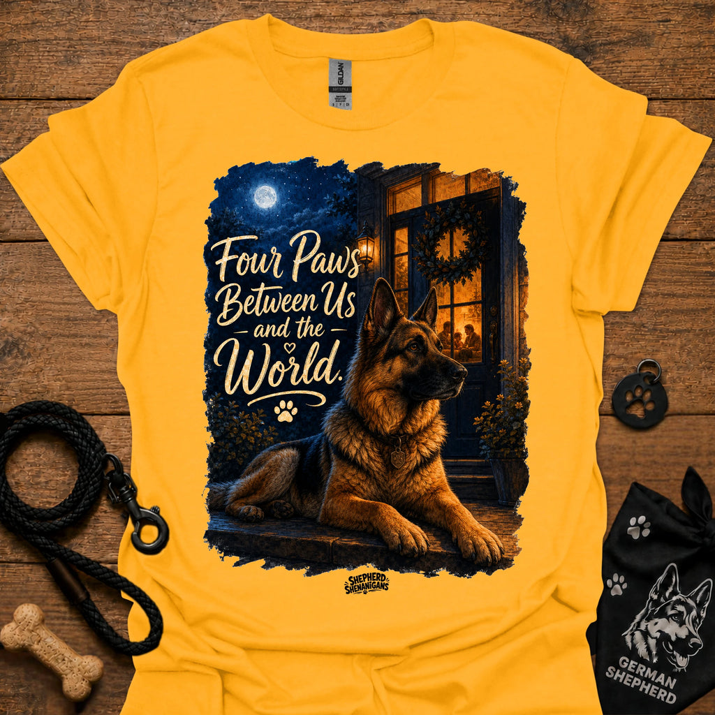 Gold/yellow T-shirt with seated German shepherd graphic and paw-print logo at center