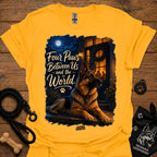 Gold/yellow T-shirt with seated German shepherd graphic and paw-print logo at center