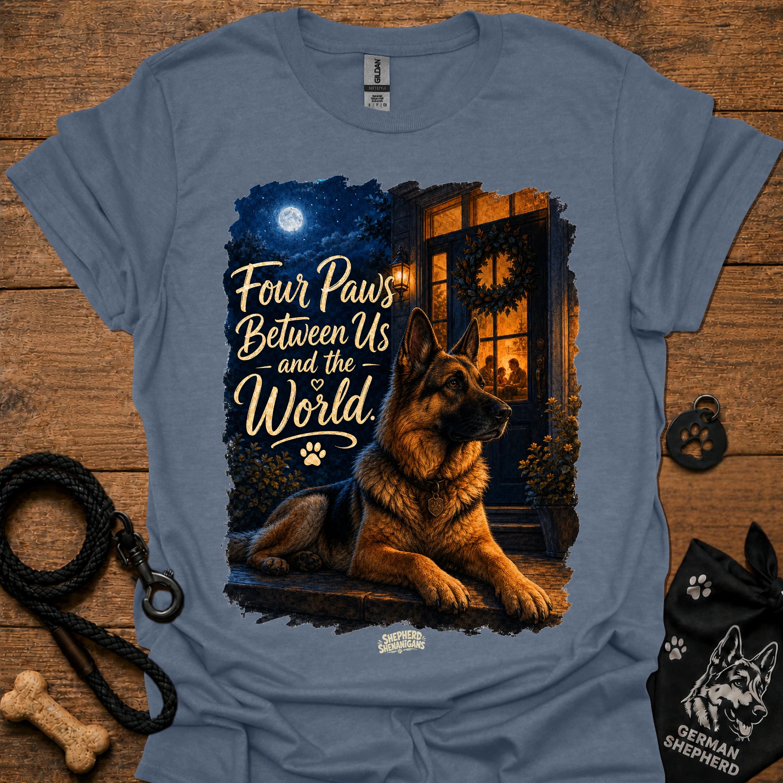 Blue-gray T-shirt with seated German shepherd graphic and paw-print logo at center