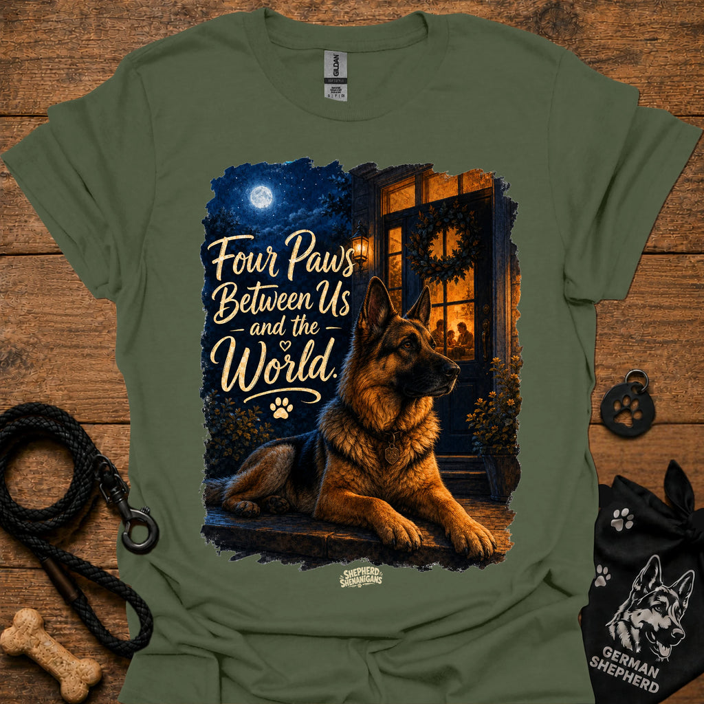 Military green T-shirt with seated German shepherd graphic and paw-print logo at center