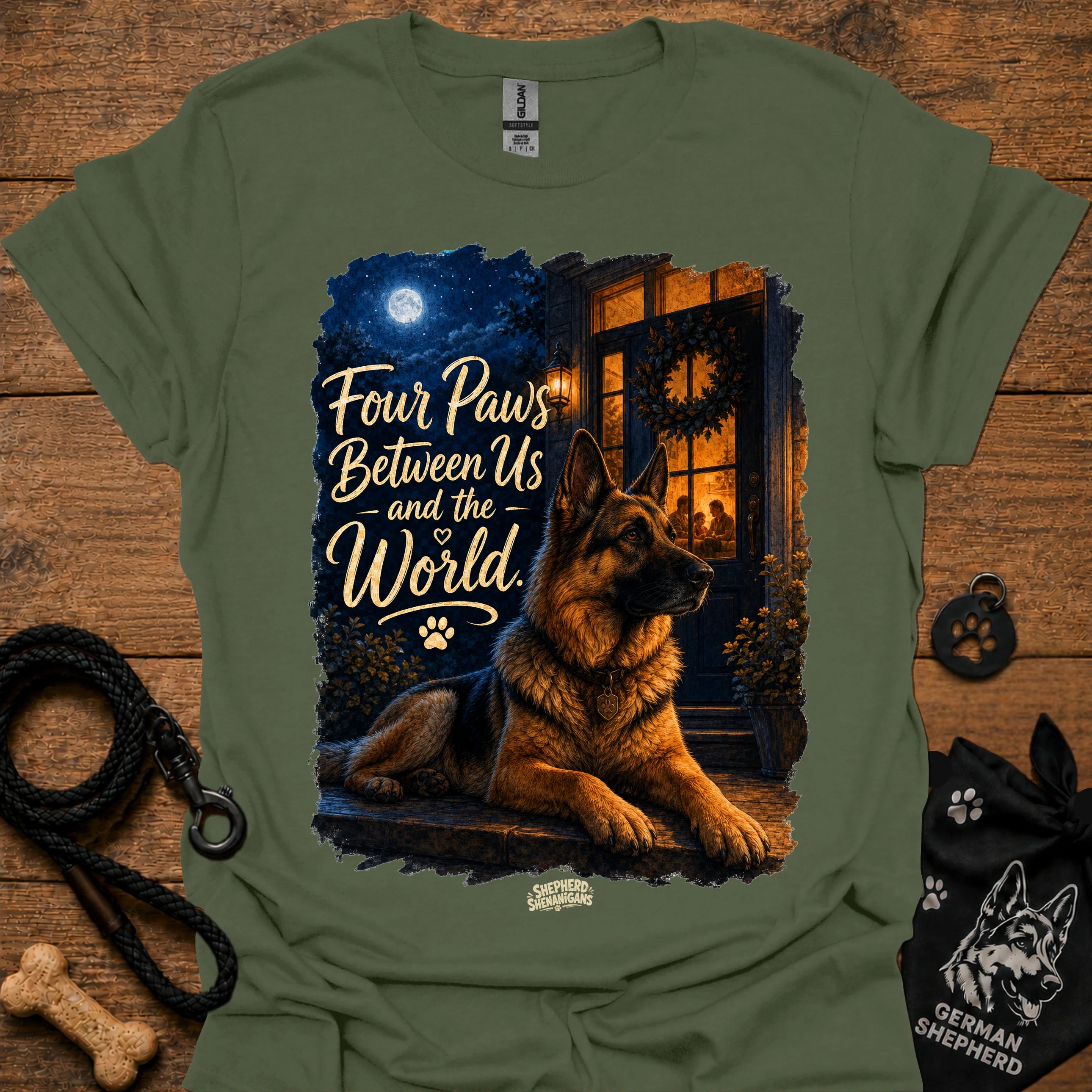 Military green T-shirt with seated German shepherd graphic and paw-print logo at center