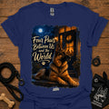 Navy T-shirt with seated German shepherd graphic and paw-print logo at center
