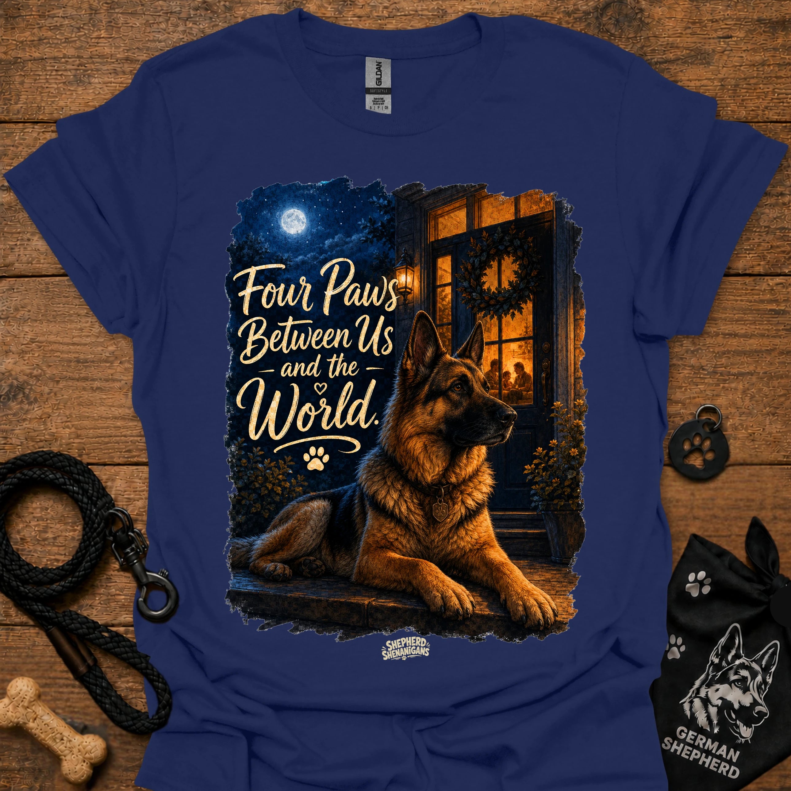 Navy T-shirt with seated German shepherd graphic and paw-print logo at center