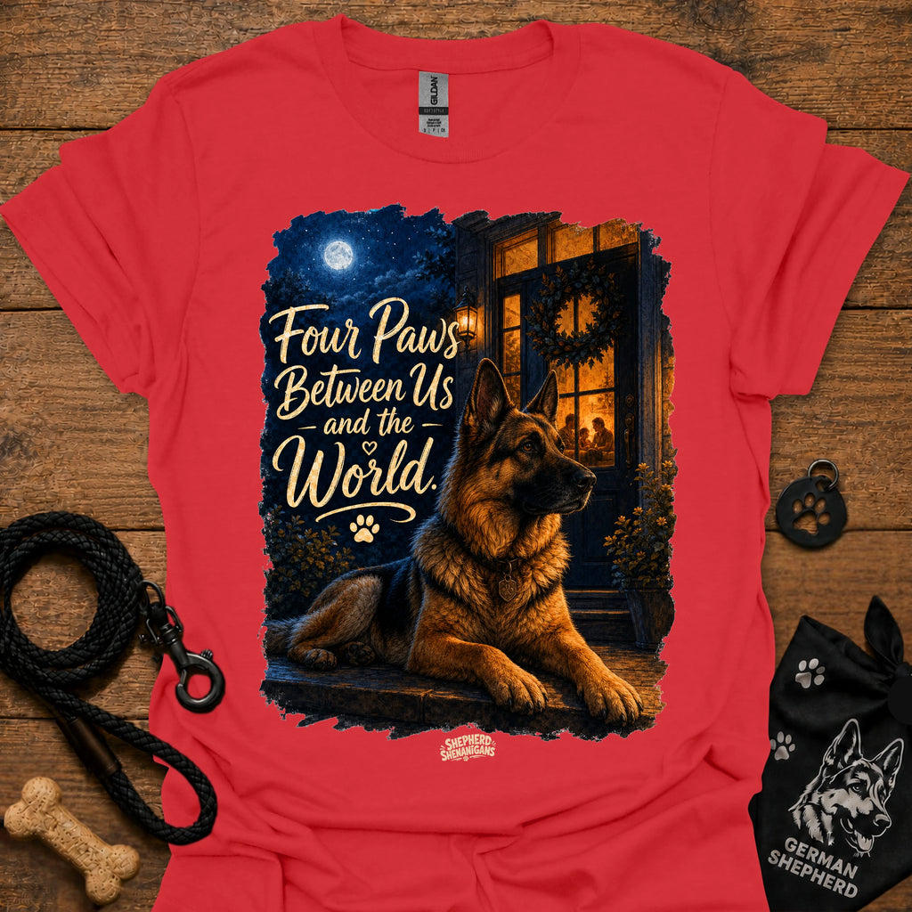 Red T-shirt with seated German shepherd graphic and paw-print logo at center