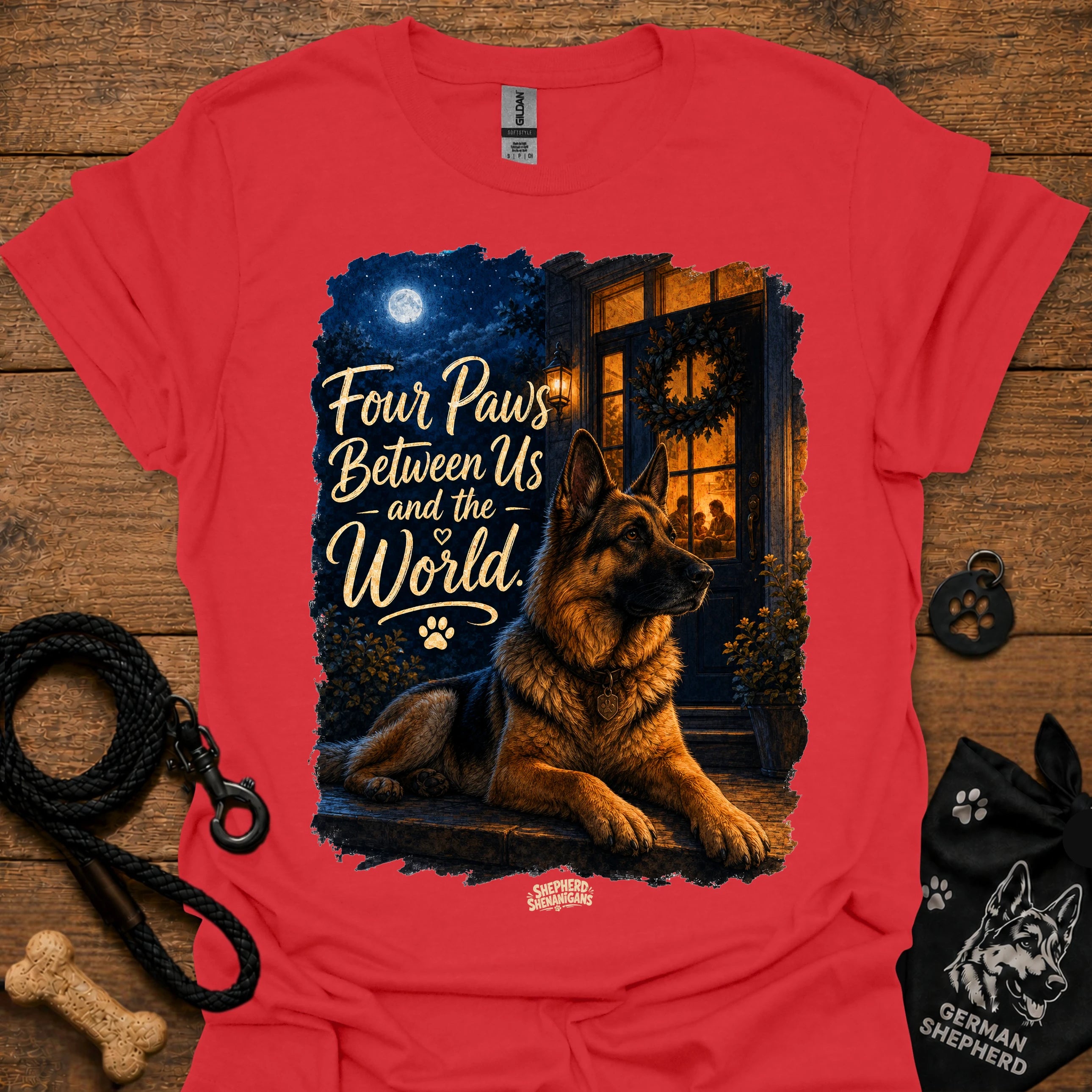 Red T-shirt with seated German shepherd graphic and paw-print logo at center
