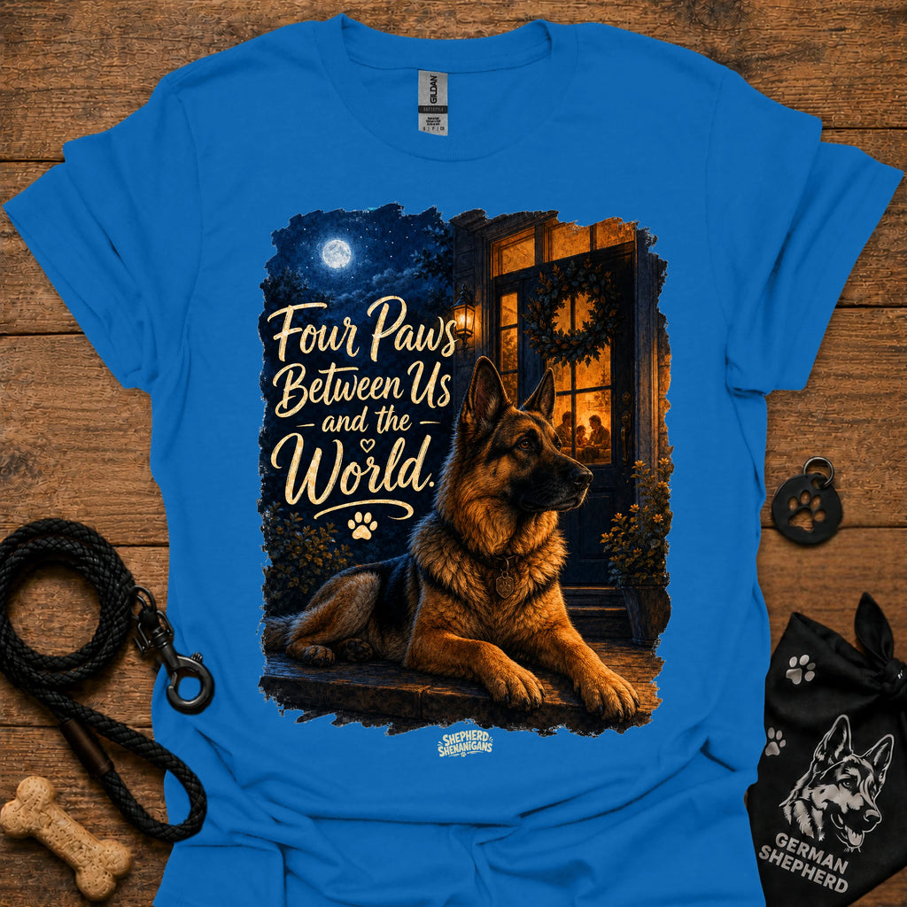 Royal blue T-shirt with seated German shepherd graphic and paw-print logo at center