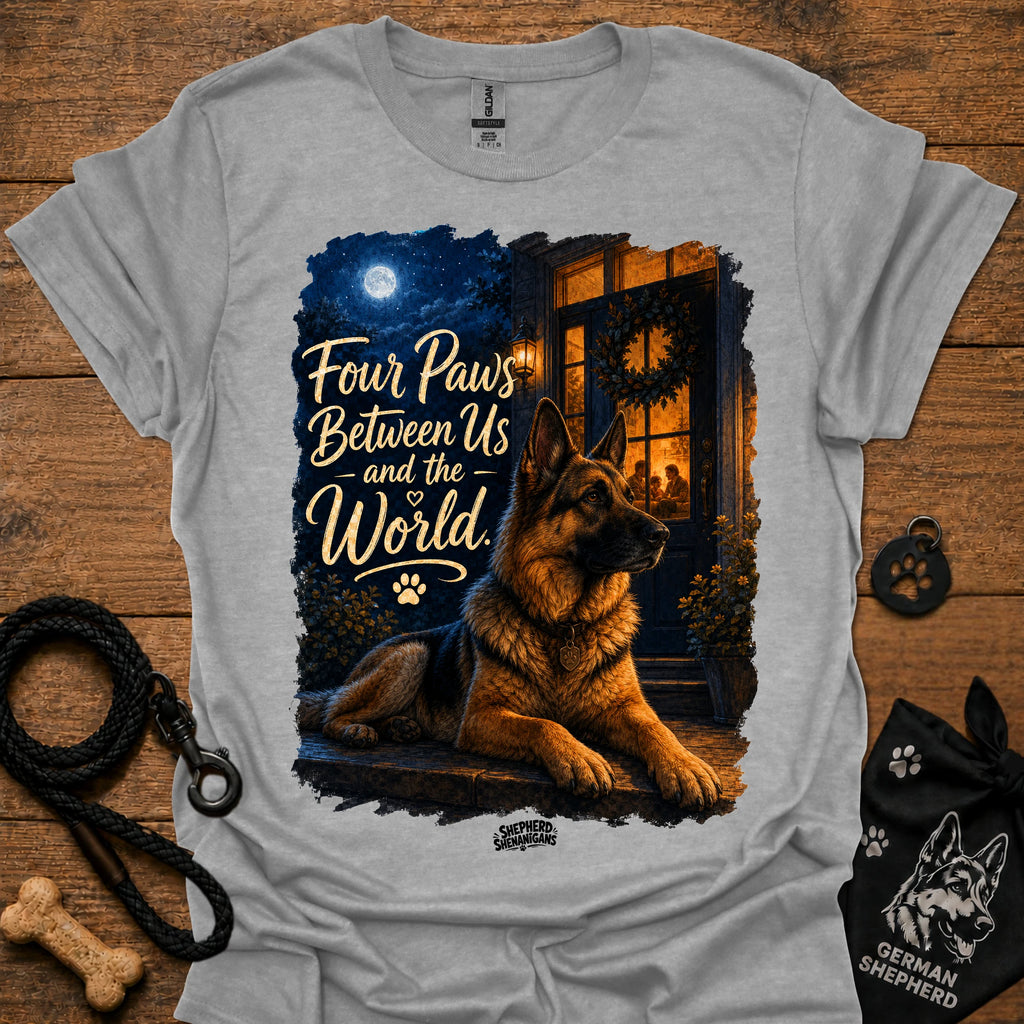 Light gray T-shirt with seated German shepherd graphic and paw-print logo at center
