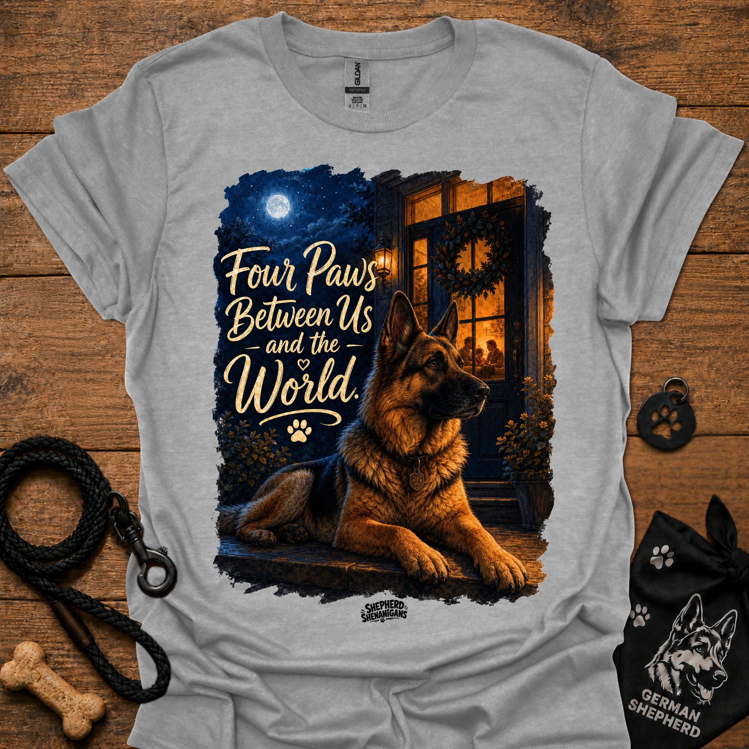 Light gray T-shirt with seated German shepherd graphic and paw-print logo at center