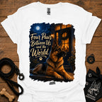 White T-shirt with seated German shepherd graphic and paw-print logo at center