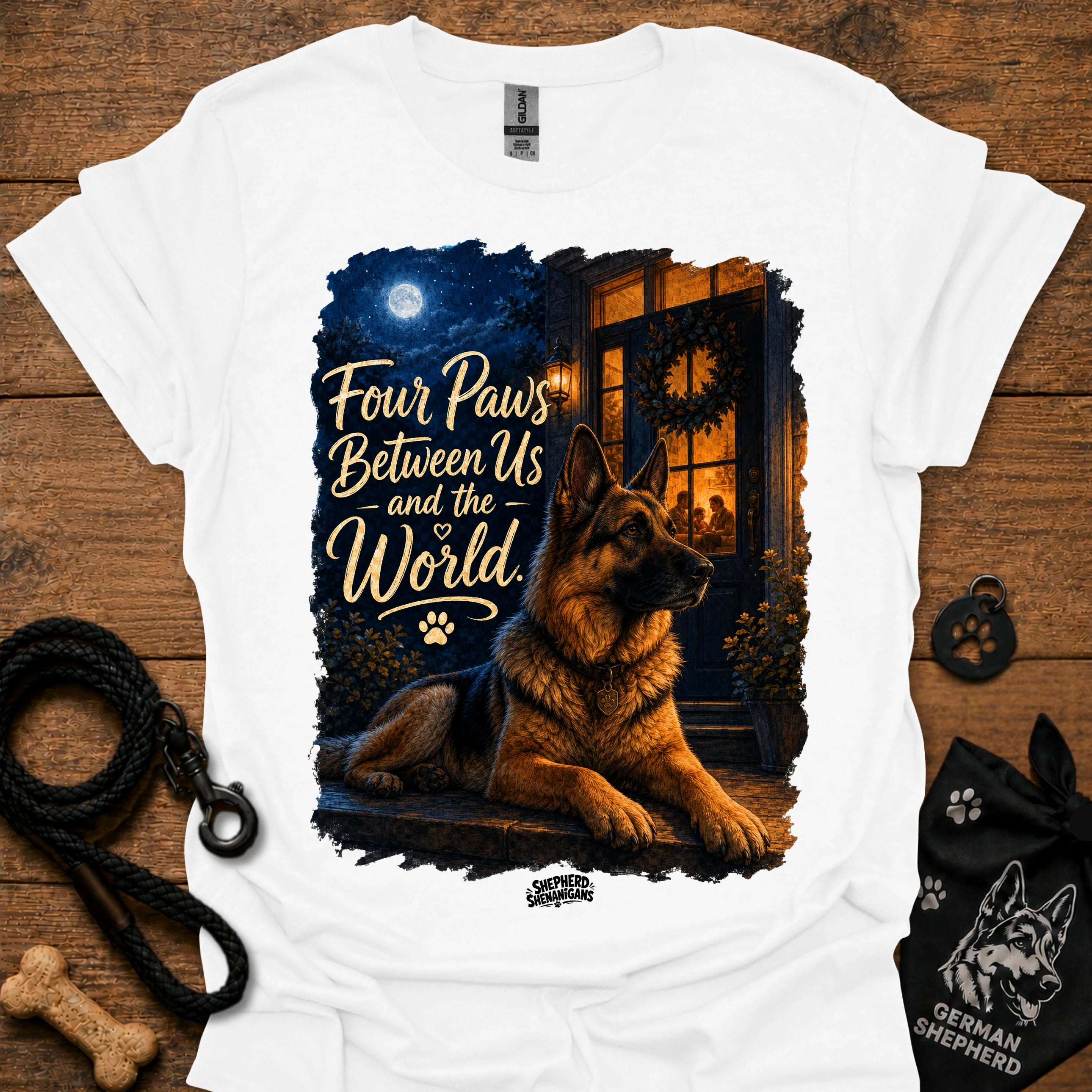 White T-shirt with seated German shepherd graphic and paw-print logo at center