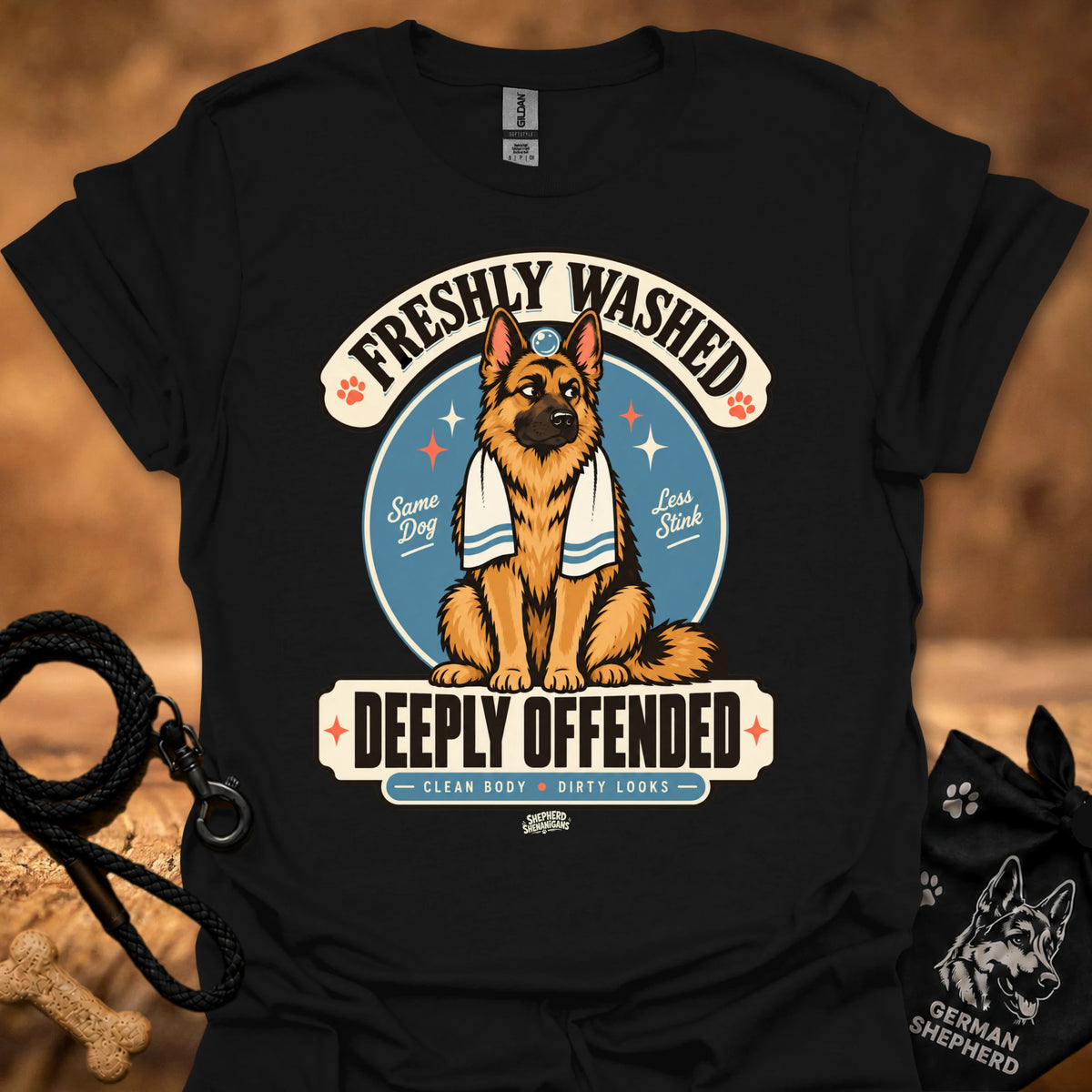 Black short-sleeve T-shirt with large dog graphic and bold front text
