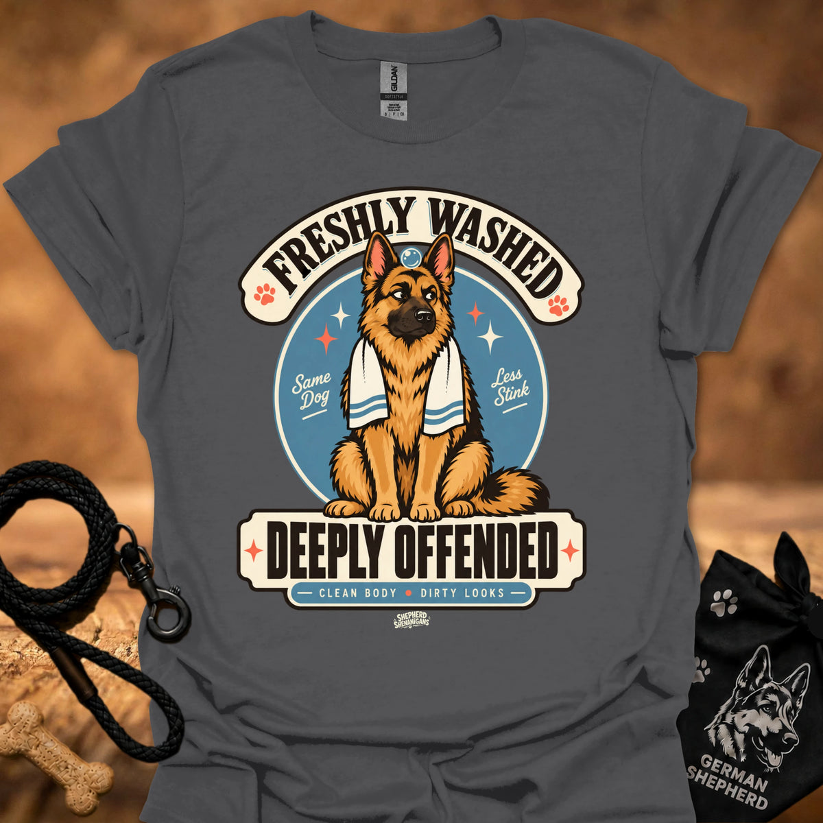 Charcoal short-sleeve T-shirt with large dog graphic and bold front text