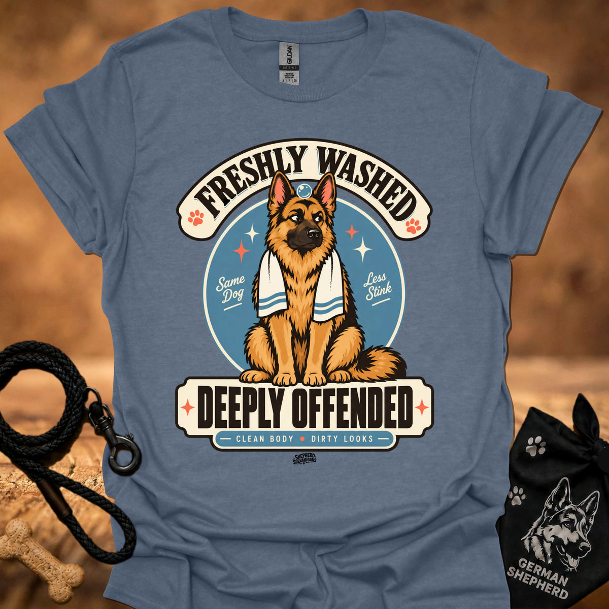 Heather indigo short-sleeve T-shirt with large dog graphic and bold front text