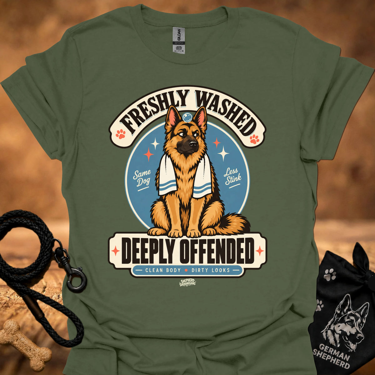 Military green short-sleeve T-shirt with large dog graphic and bold front text