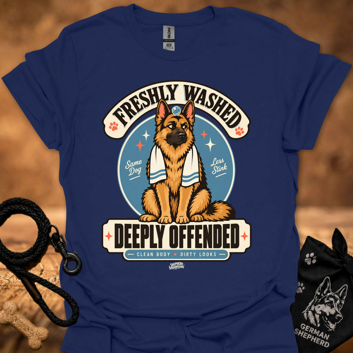 Royal blue short-sleeve T-shirt with large dog graphic and bold front text