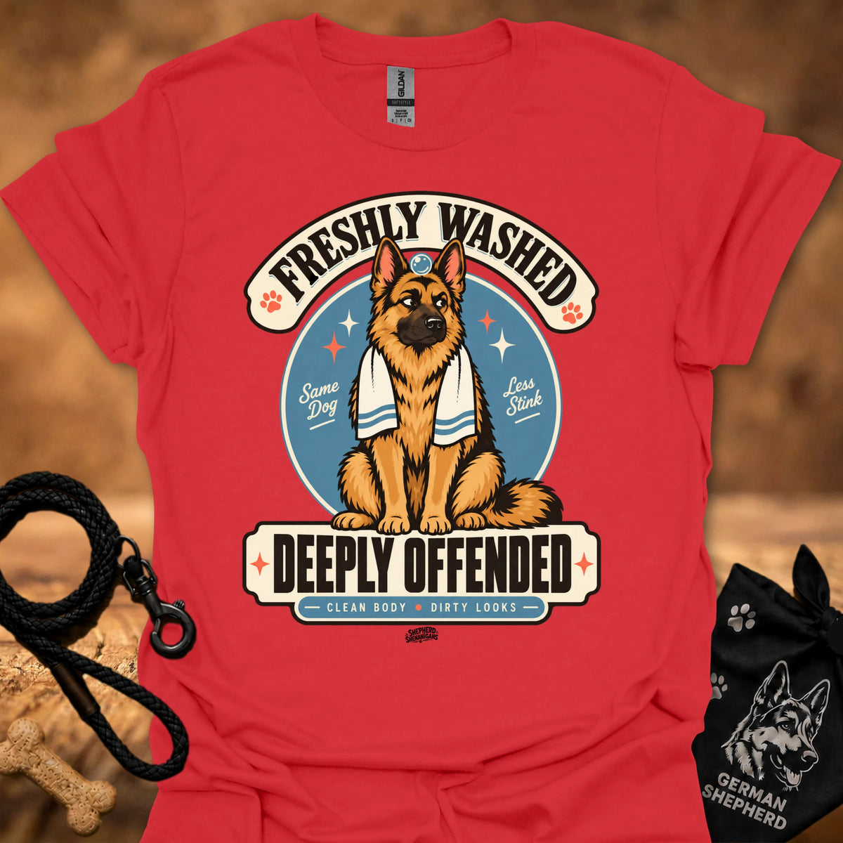 Red short-sleeve T-shirt with large dog graphic and bold front text