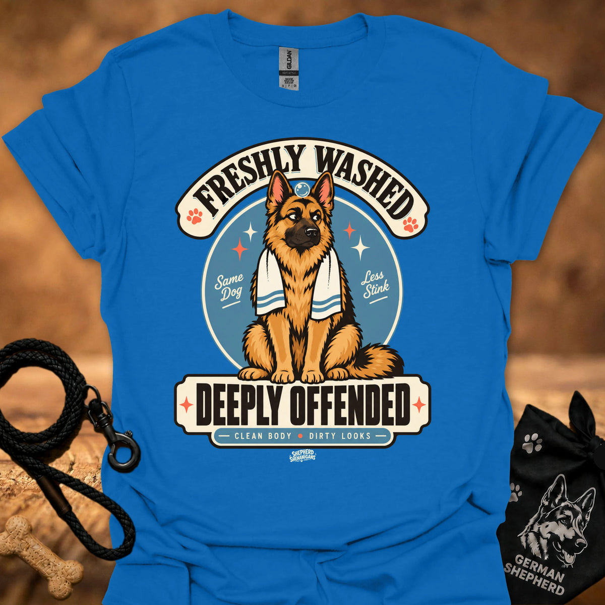 Blue short-sleeve T-shirt with large dog graphic and bold front text