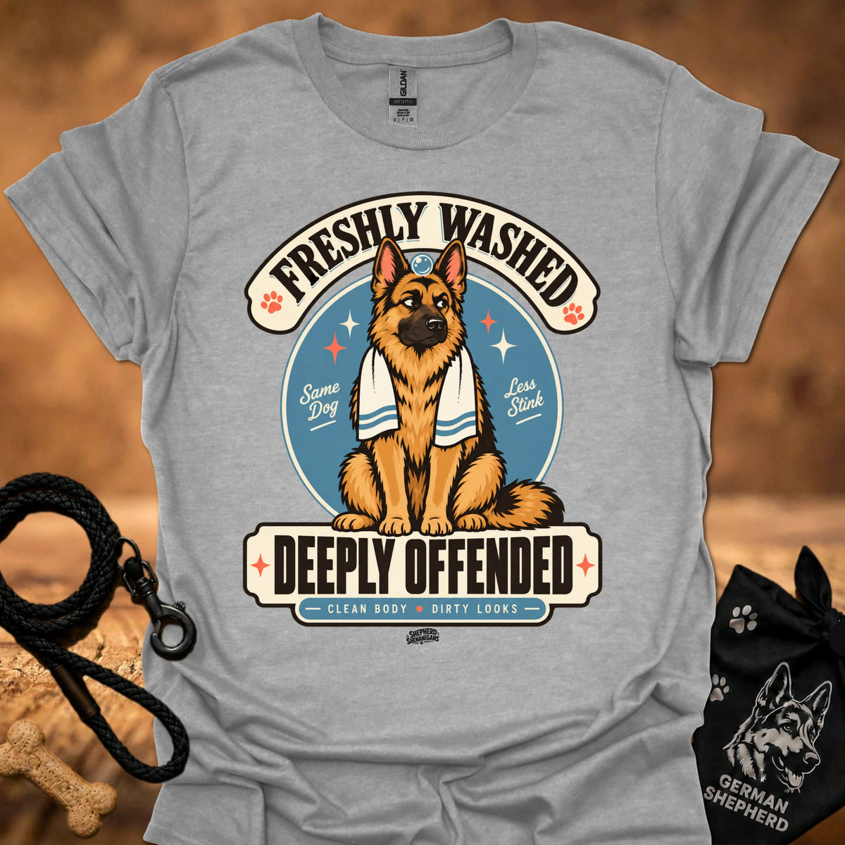 Light gray short-sleeve T-shirt with large dog graphic and bold front text