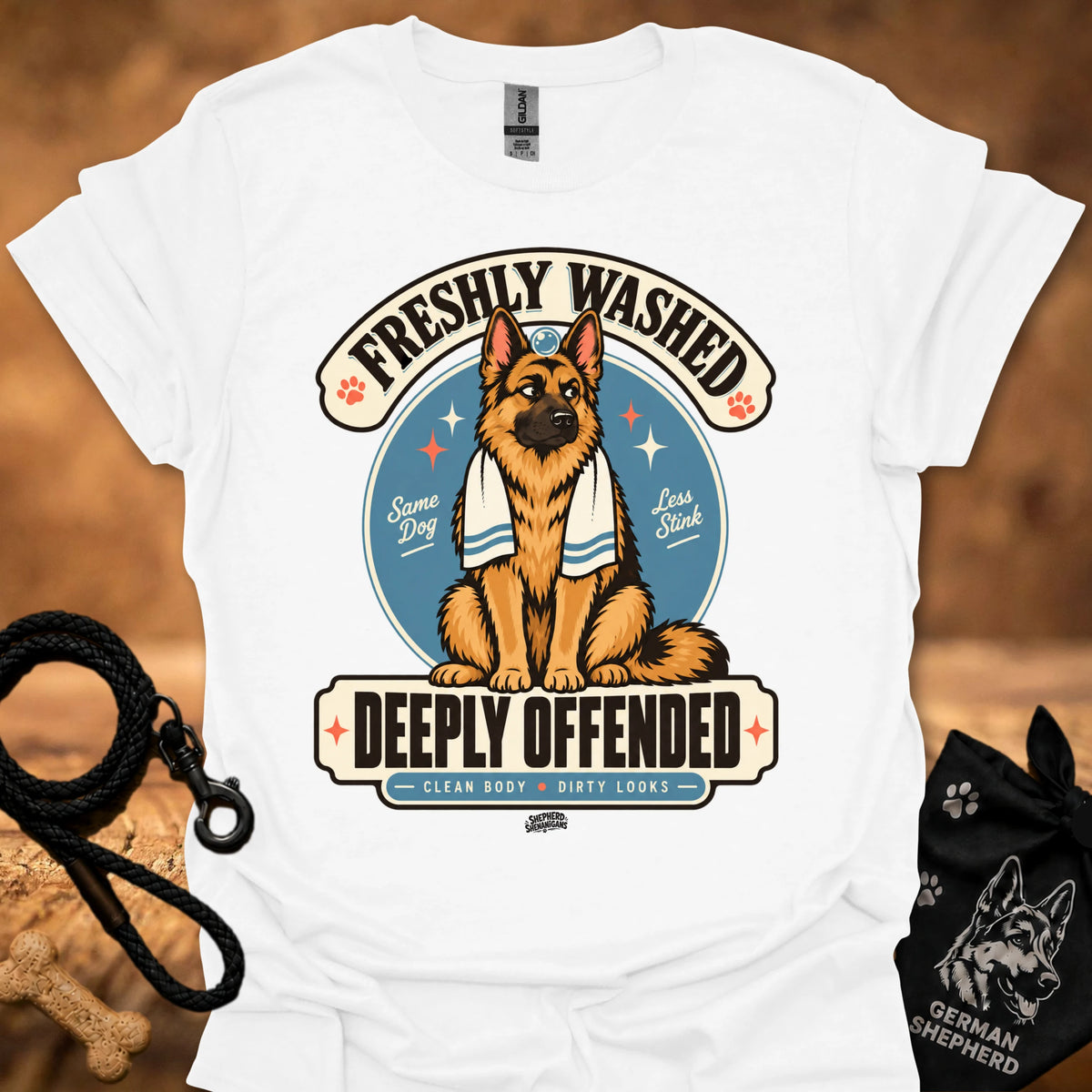 White short-sleeve T-shirt with large dog graphic and bold front text