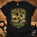 Black T-shirt with German Shepherd “Front Line of the Family” graphic logo