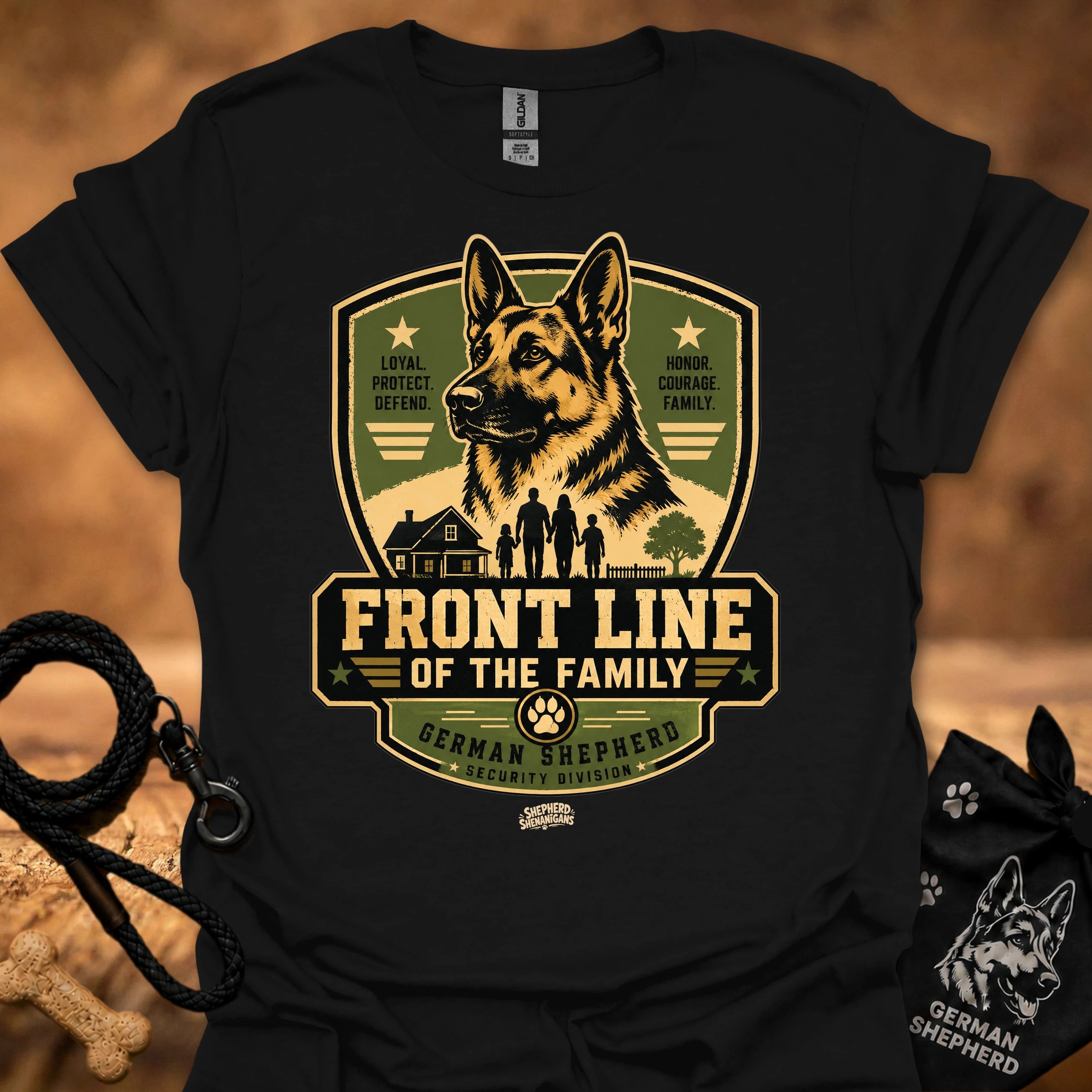 Black T-shirt with German Shepherd “Front Line of the Family” graphic logo