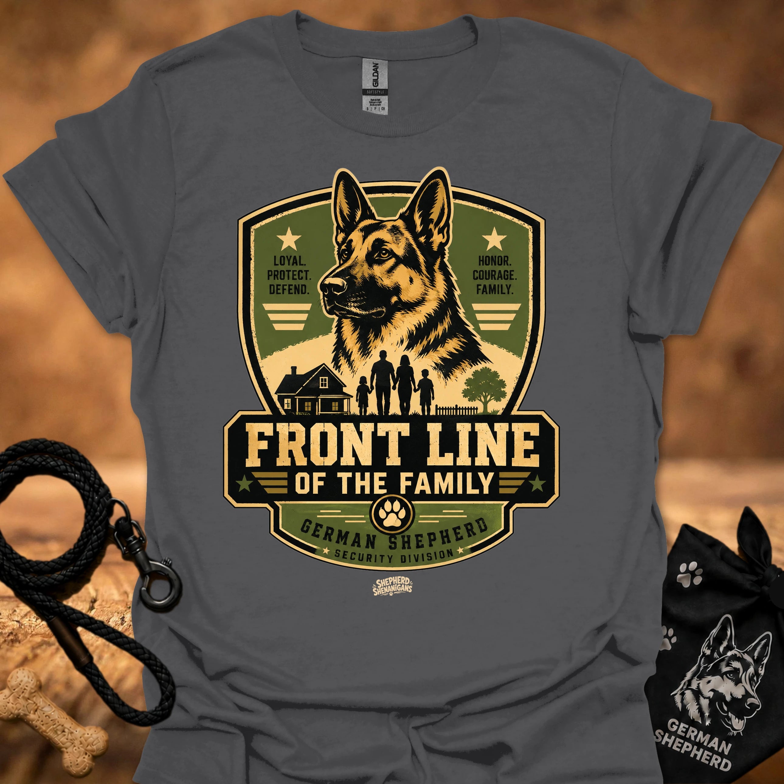 Charcoal gray T-shirt with German Shepherd “Front Line of the Family” graphic logo